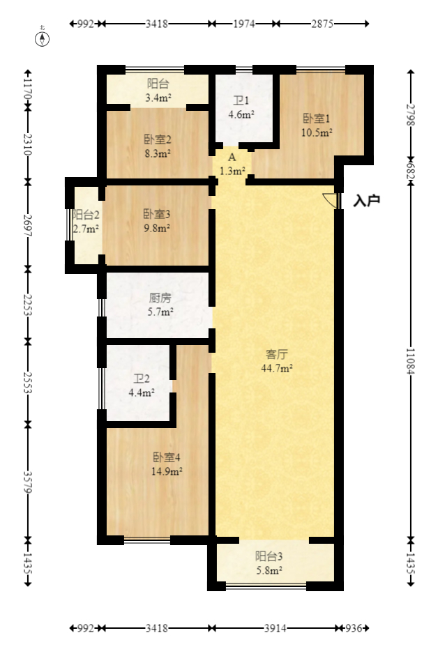 润屋美院  4室2厅2卫   147.00万室内图1