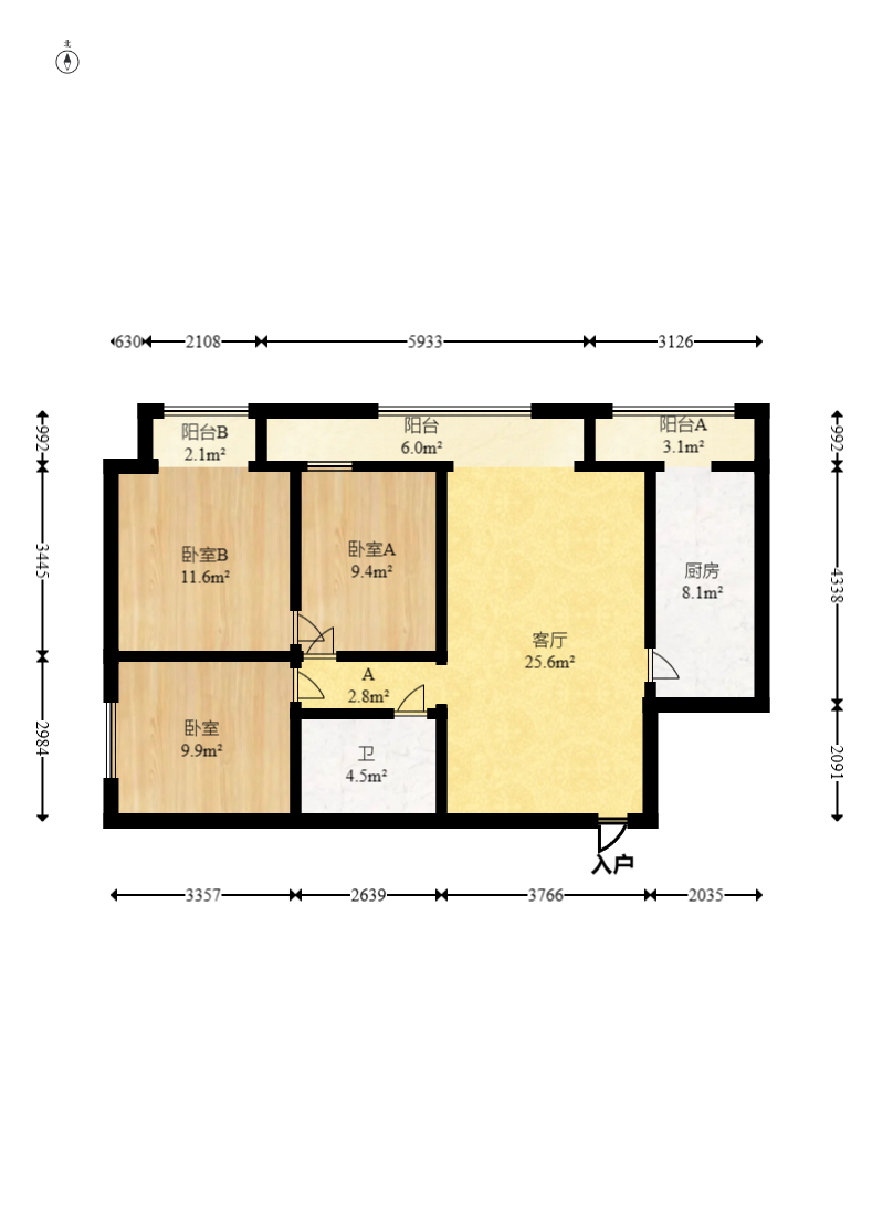 阳光100二期  3室2厅1卫    83.8万室内图1