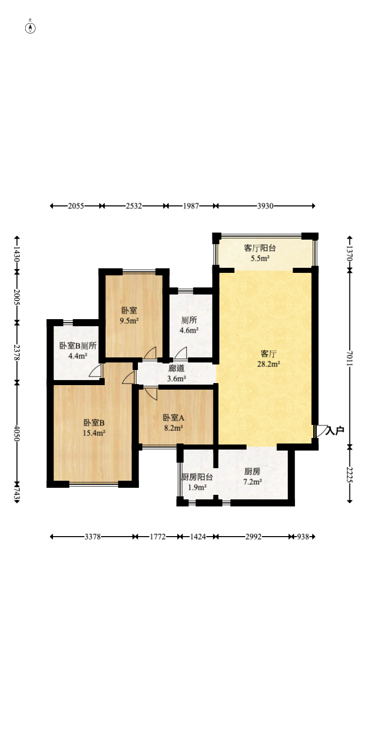 恒大文化旅游城B区  3室2厅2卫   108.00万室内图1