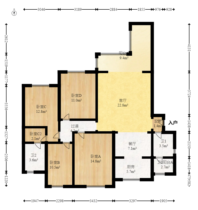 五江天街北区  4室2厅2卫   145.00万室内图1