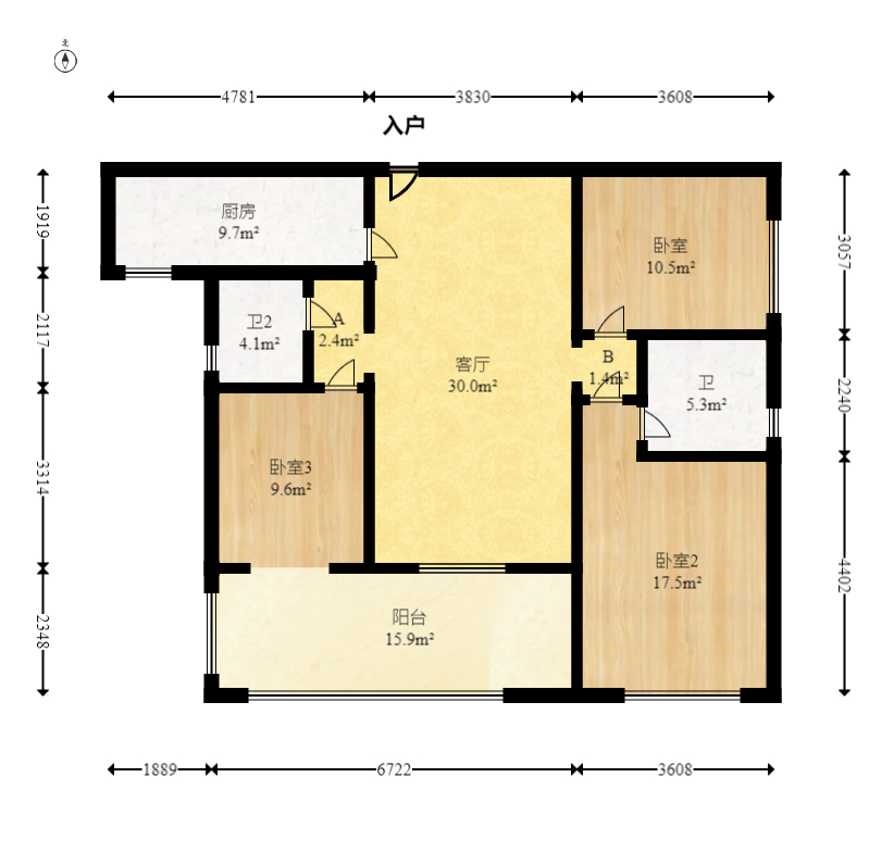 万象府台  3室2厅2卫   219.50万室内图1