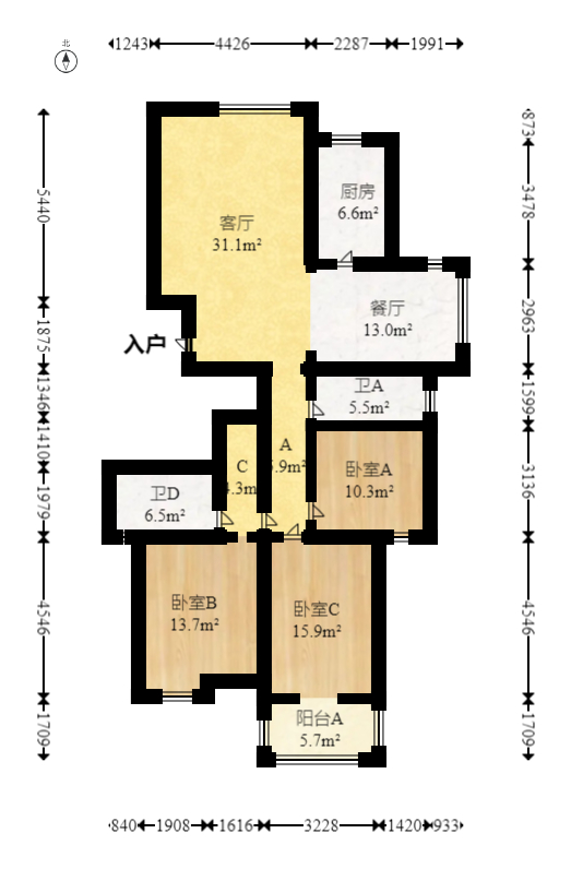 山水熙园  3室2厅2卫   99.80万室内图1