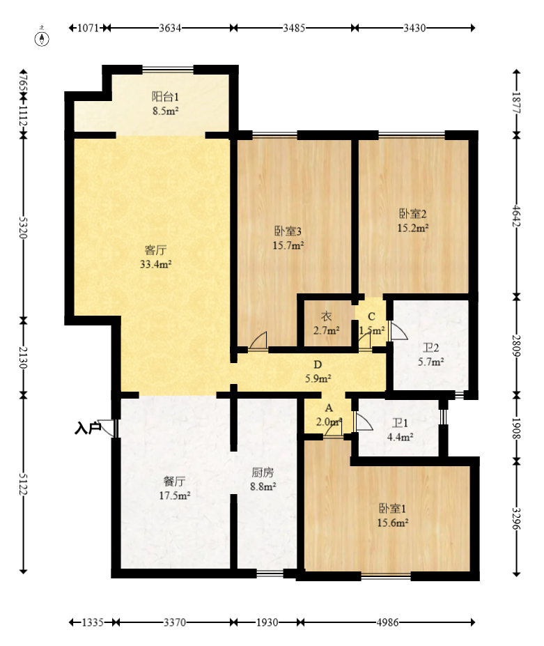 茂华禧都会  3室2厅2卫   180.00万室内图1