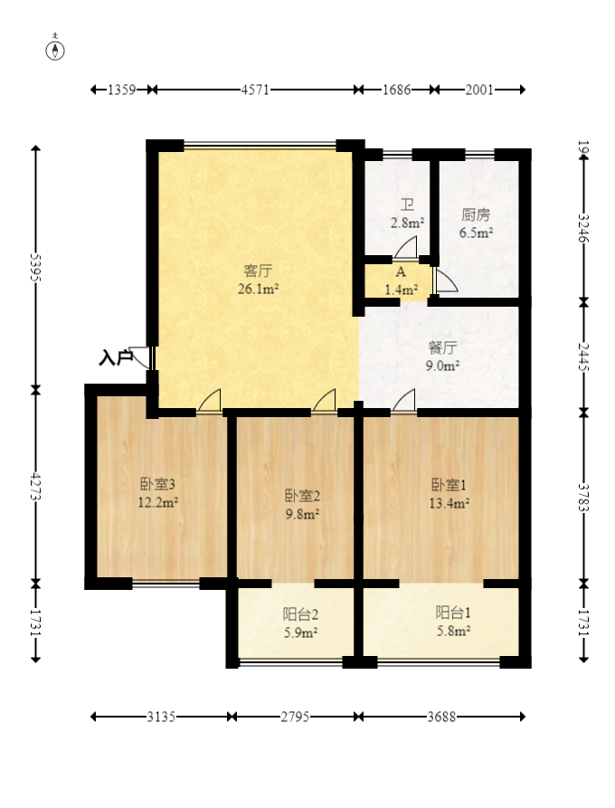 古汉城宿舍（同超集团控股公司）  3室2厅1卫   70.00万室内图1