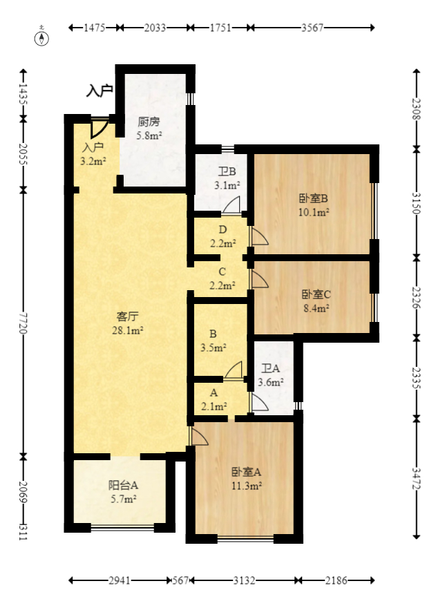 万科魅力之城观澜里  3室1厅2卫   119.80万室内图1
