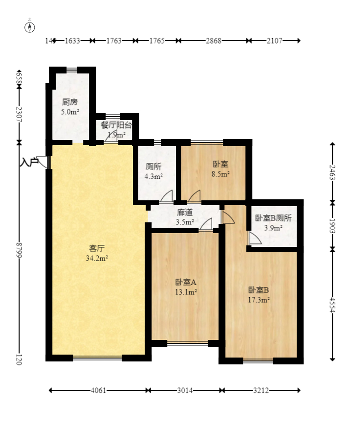 奥克斯滨仕花园（奥克斯洋湖广场/奥克斯中心）  3室2厅2卫   178.00万室内图1