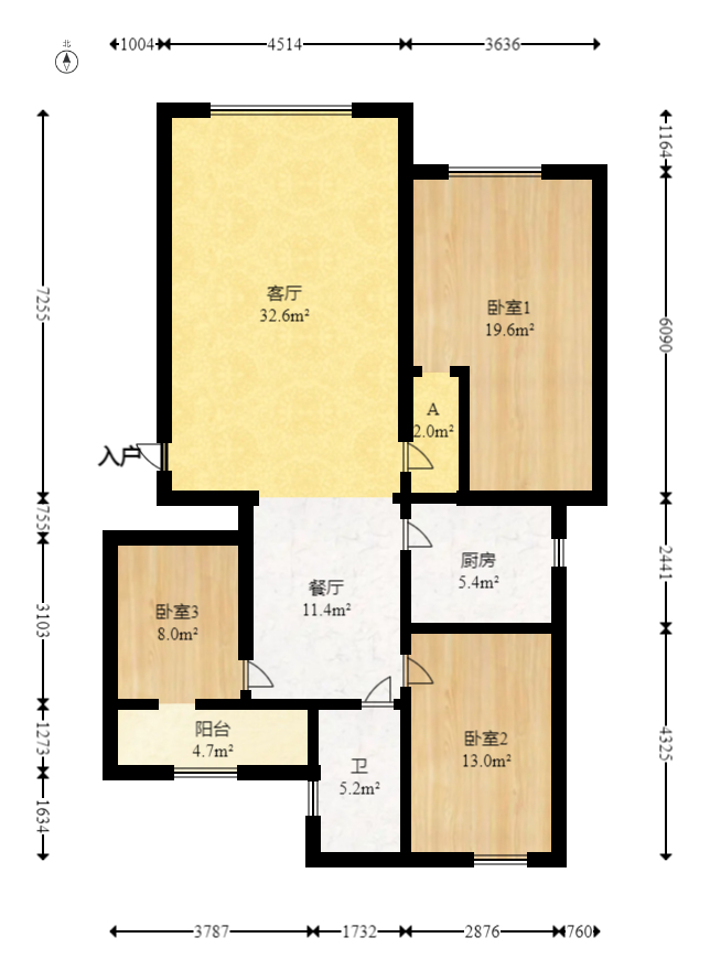 东方新城  3室2厅1卫   72.00万室内图1