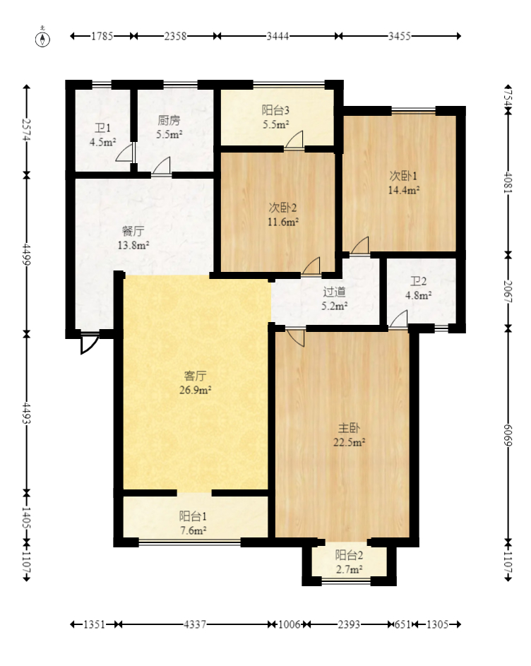 金帆江滨玫瑰园 3室2厅1卫 68.0万 金帆江滨玫瑰园 3室2厅1卫 68.0万户型图