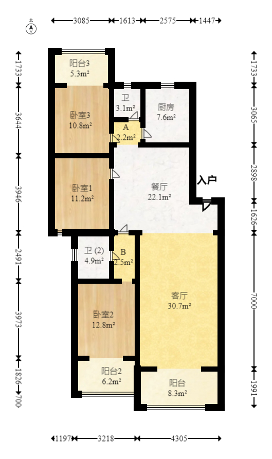 白沙苑  3室2厅2卫   98.50万室内图1