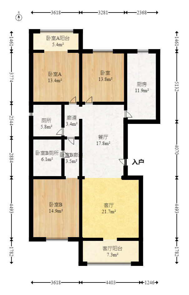 阳光100三期  3室2厅2卫   128.00万室内图1