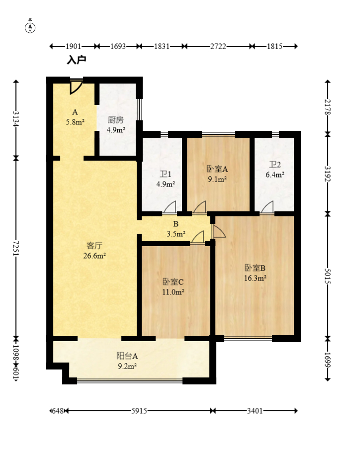 卓越伊景苑  3室2厅2卫   91.50万室内图1