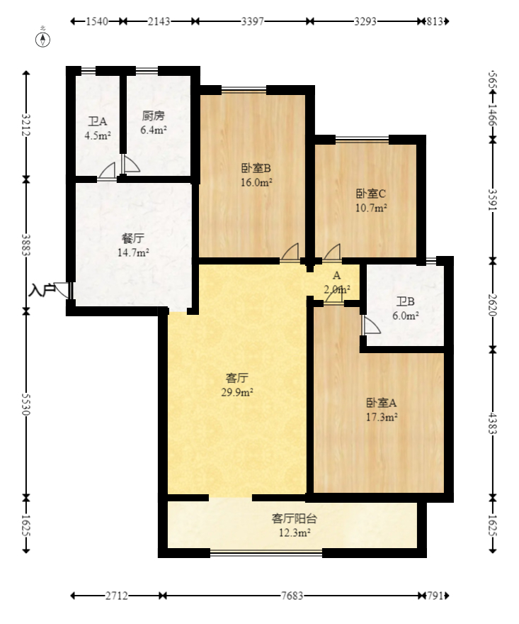 八方小区C区  3室2厅2卫    350.0万室内图1