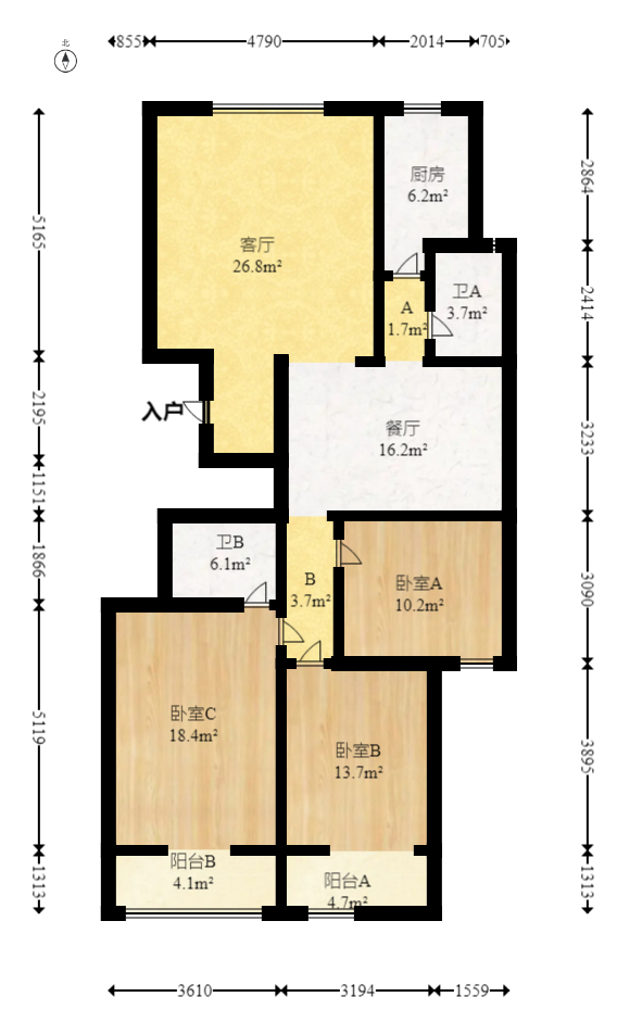 四季阳光花城  3室2厅2卫   168.00万室内图1
