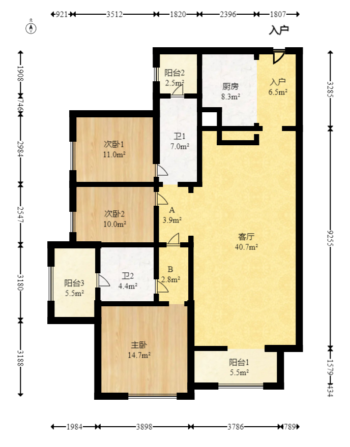 北辰瀚江府  3室2厅2卫   270.00万室内图1
