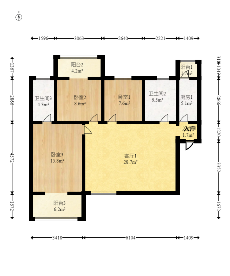 钱隆首府(福晟御园)  3室2厅2卫   158.00万室内图1
