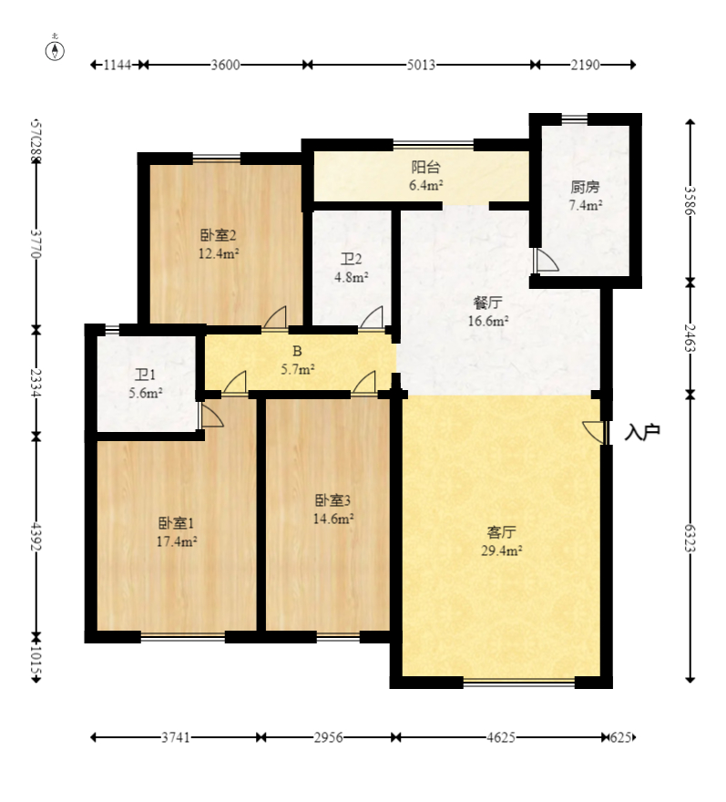 三江花中城  3室2厅2卫   175.00万室内图1