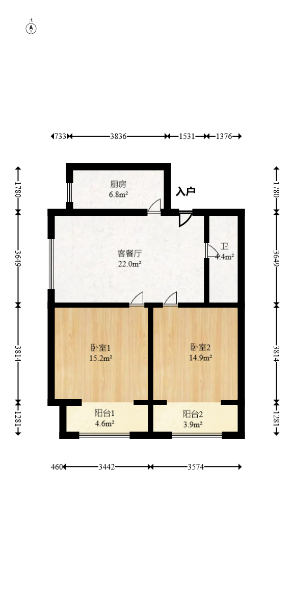 北辰三角洲E4区  2室1厅1卫   118.00万室内图1