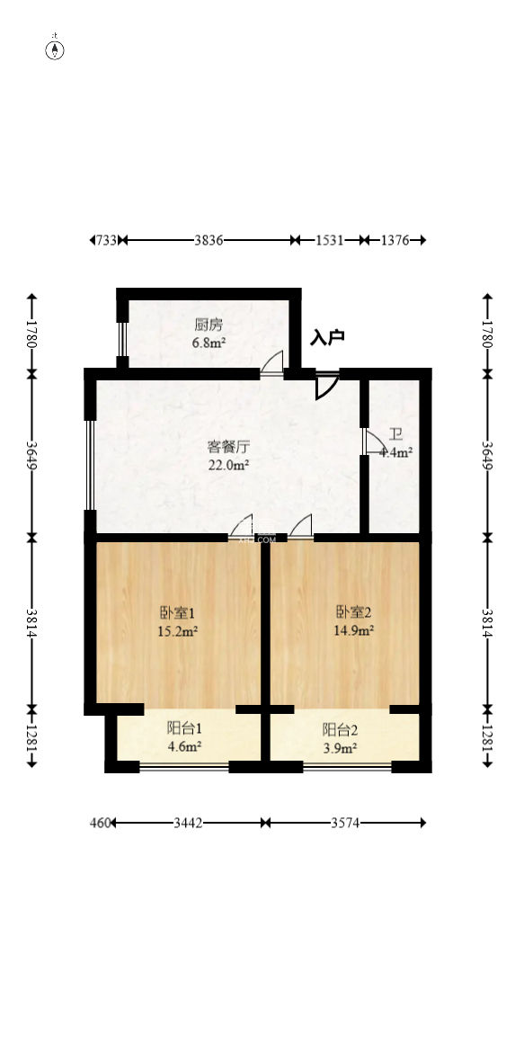 北辰三角洲E4区  2室1厅1卫   118.00万