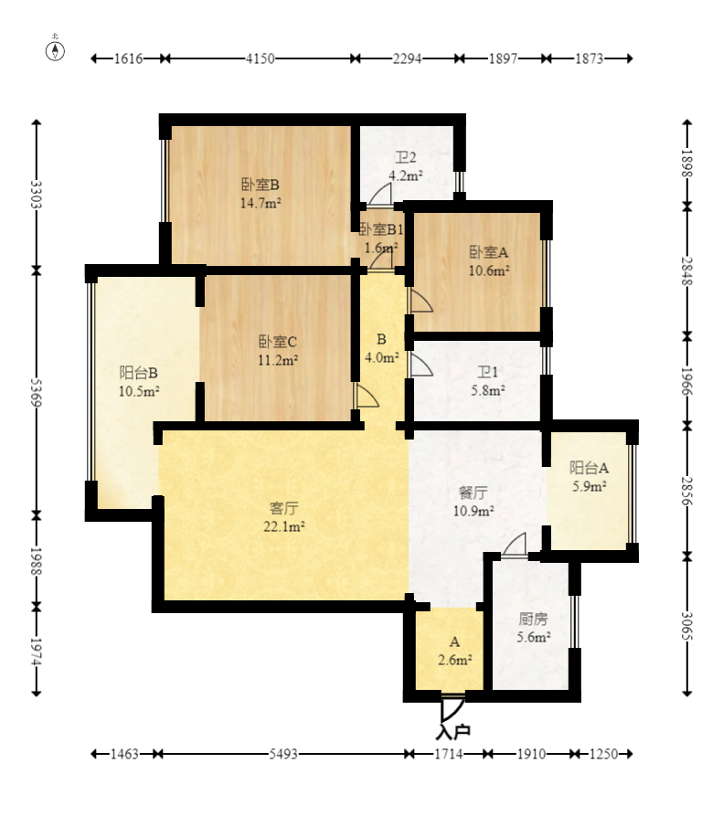 半山壹号  3室2厅2卫   169.50万室内图1