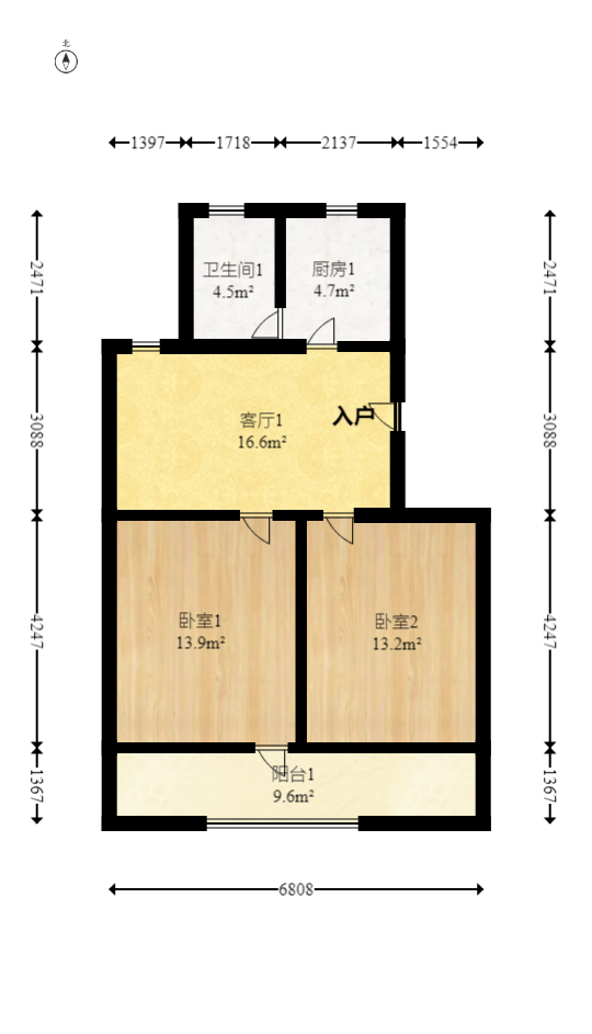 海华花园（京电大厦）  2室1厅1卫   64.00万室内图1