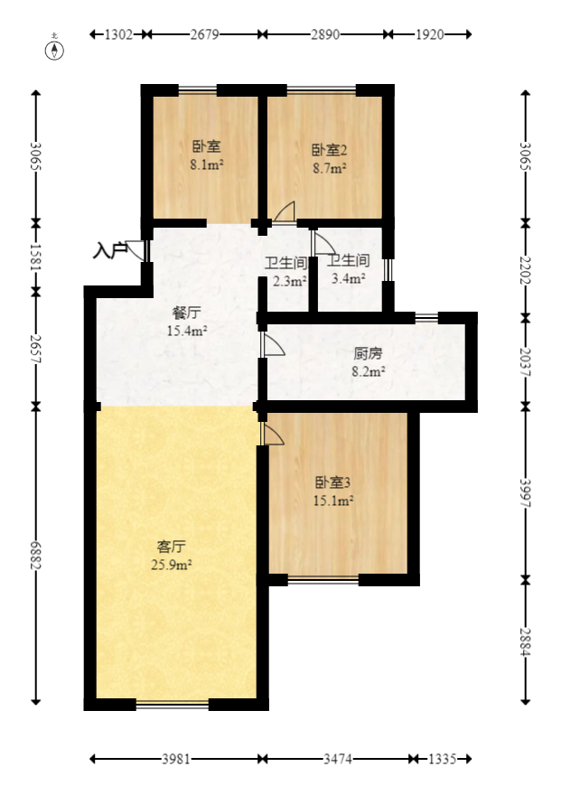 辉宏橄榄城  3室2厅1卫   74.50万室内图1