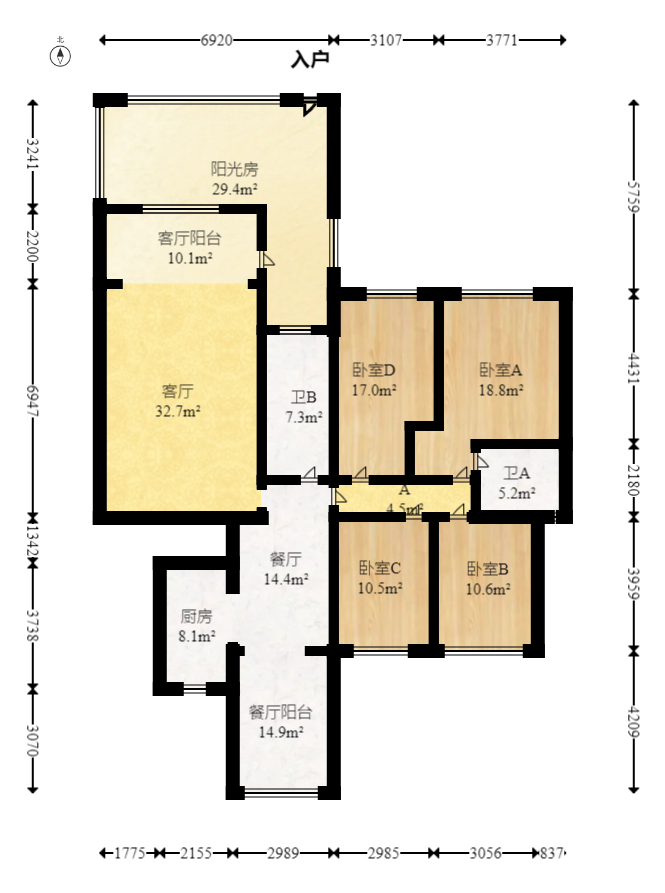 八方小区D区  4室2厅2卫   550.00万室内图1