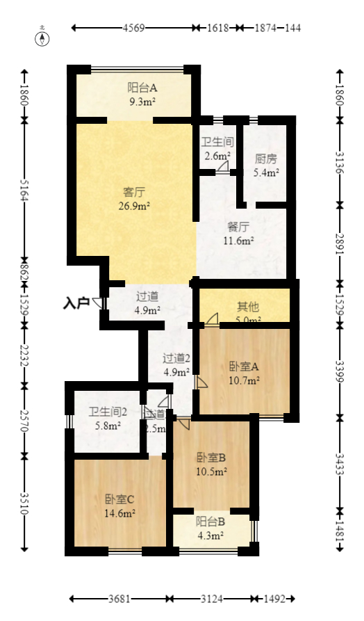 三重星都心  3室2厅2卫   145.00万室内图1