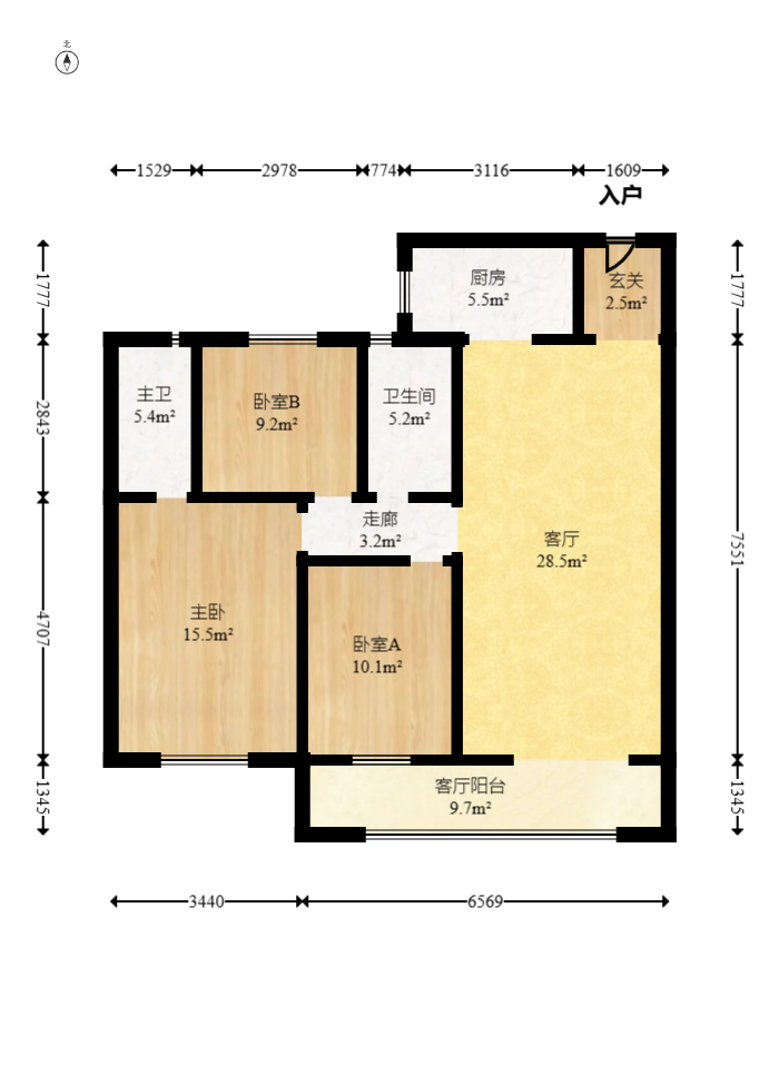 北辰中央公园DF区  3室2厅1卫   133.30万室内图1