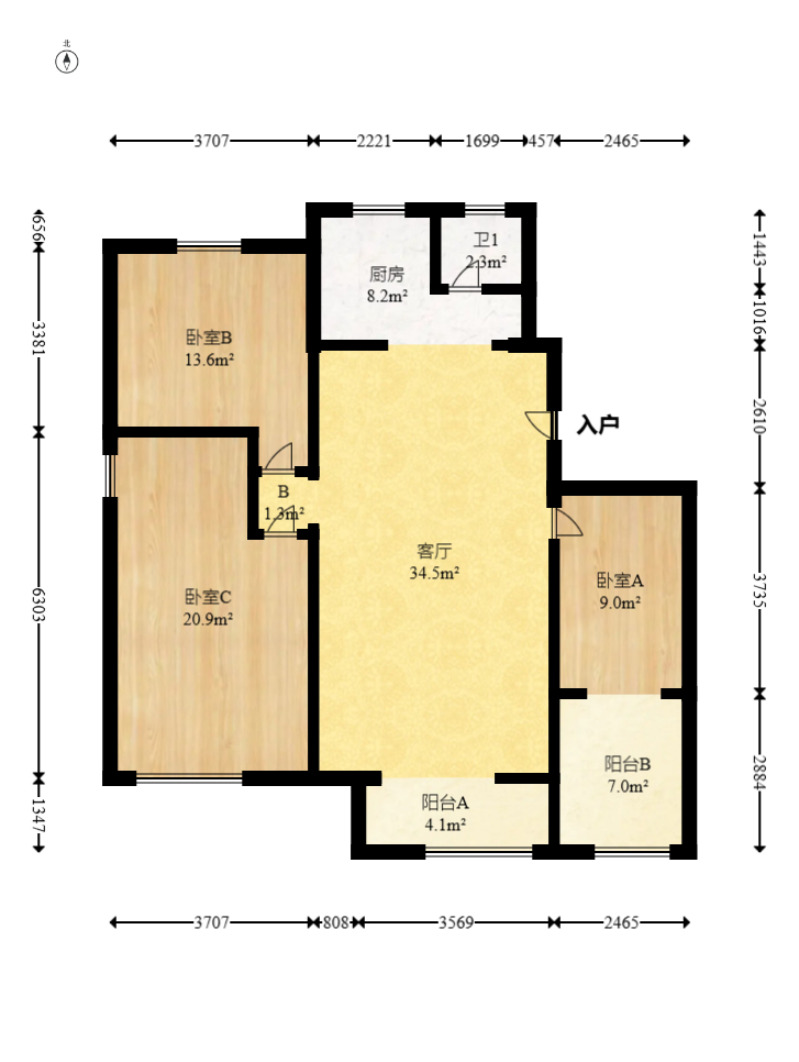 龙吉湾小区（龙瑞尚苑）  3室2厅1卫    65.0万室内图1