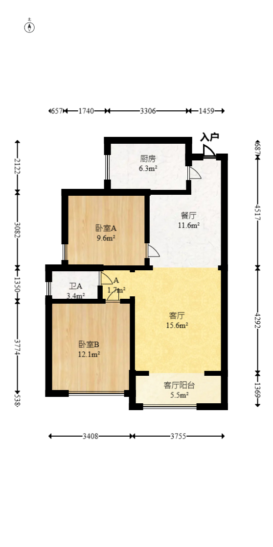 钰龙天下一期  2室1厅1卫   205.00万室内图1