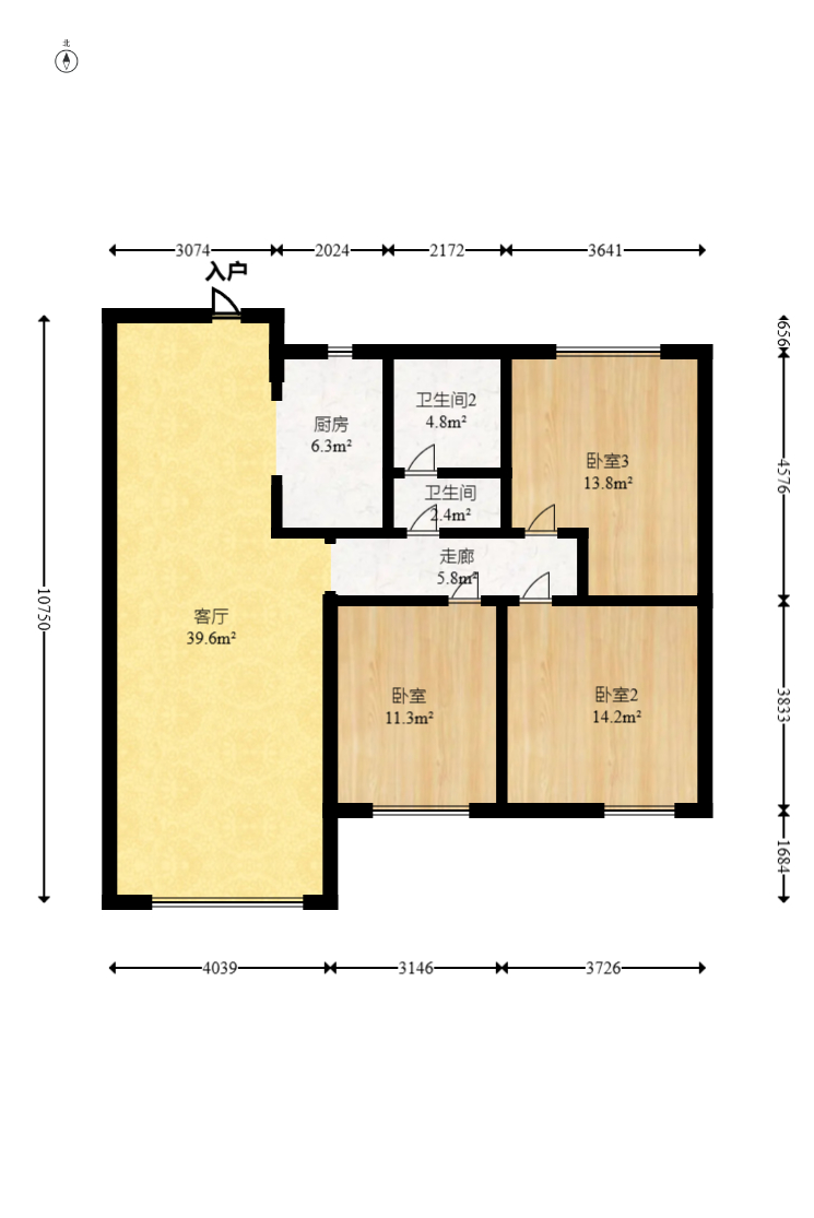 日盛湖湘花苑  3室2厅1卫    74.8万室内图1