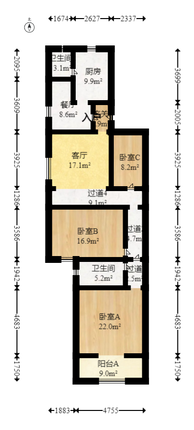 永宏阁  3室2厅2卫   75.50万室内图1