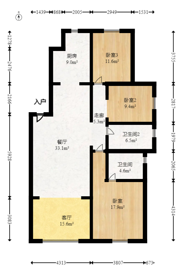 中房瑞致国际  3室2厅2卫   138.60万室内图1