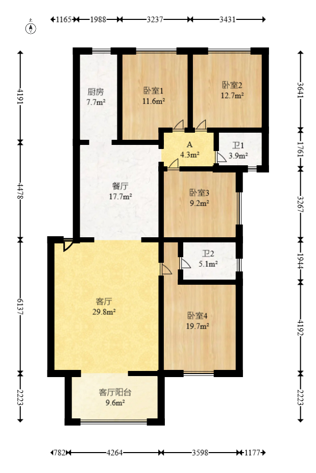 柠檬丽都  4室2厅2卫   108.00万室内图1