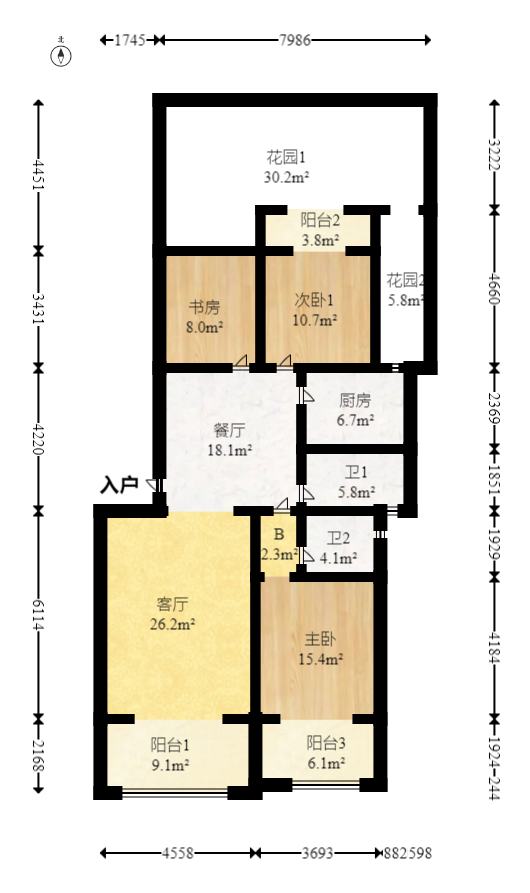 幸福考拉  3室2厅2卫   125.00万室内图1