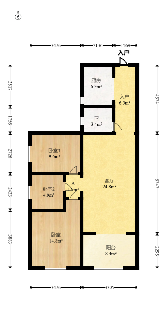麓谷小镇  3室2厅1卫   65.00万室内图1