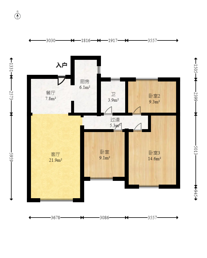 奥克斯缔壹城  3室2厅1卫   98.00万室内图1