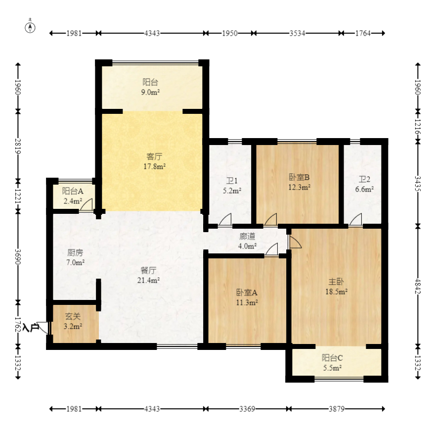 江山帝景雅典  3室2厅2卫   129.00万室内图1