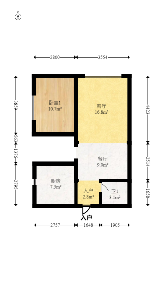 他城（天鸿时代公寓）  3室2厅1卫   56.00万室内图1