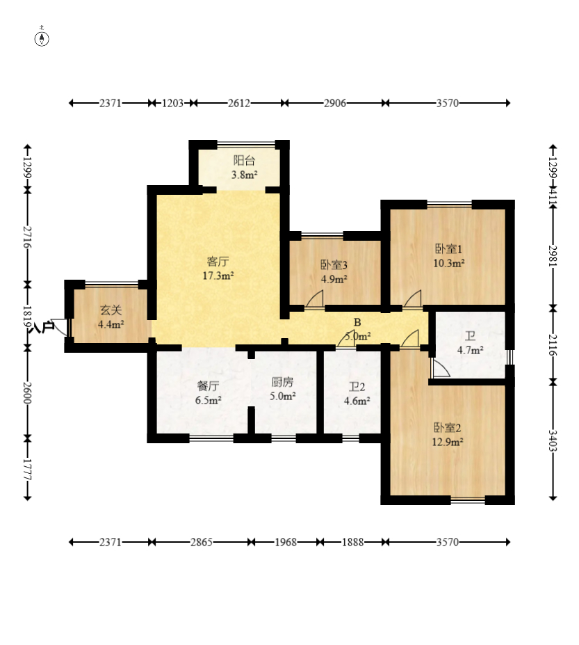 鸿基橄榄君庭  3室2厅2卫   95.00万室内图1