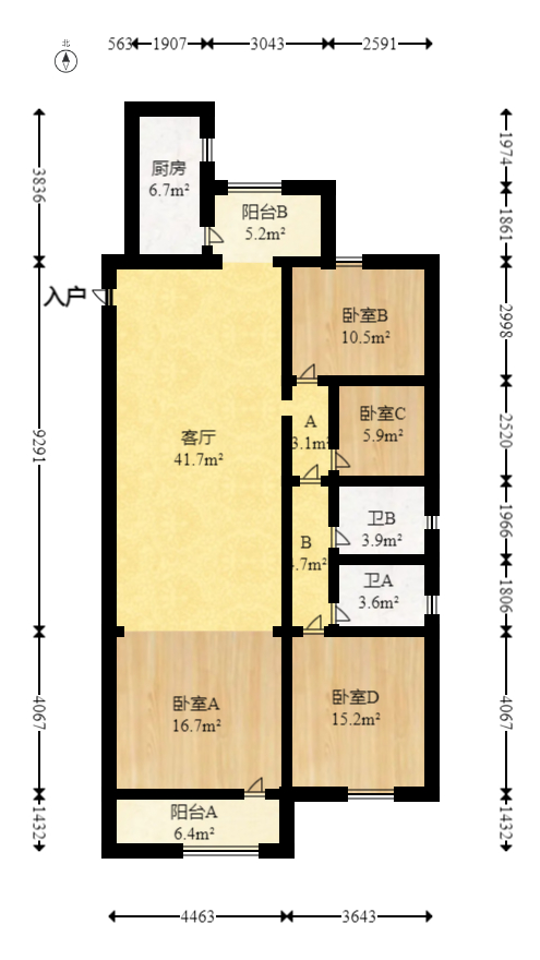 华龙公馆  3室2厅2卫   110.00万室内图1