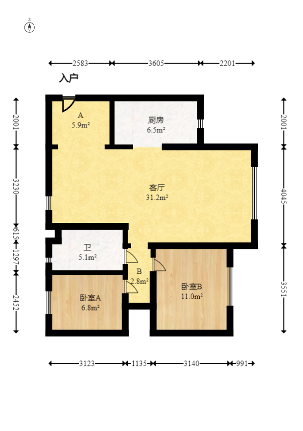 香江锦城  3室2厅1卫   128.00万室内图1