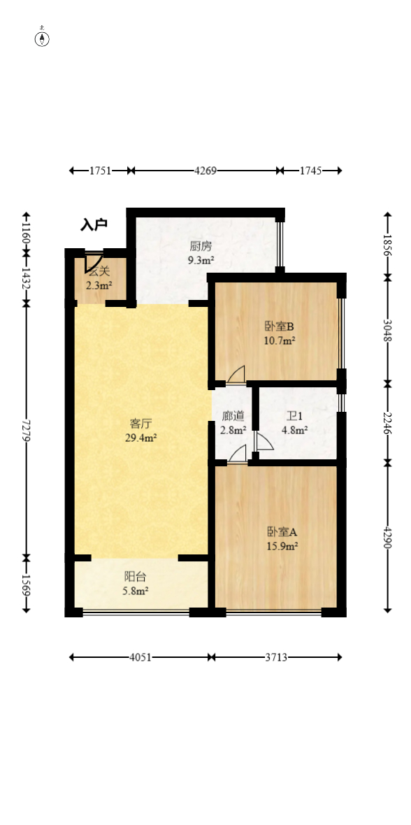 华润橡树湾  2室2厅1卫    68.0万室内图1