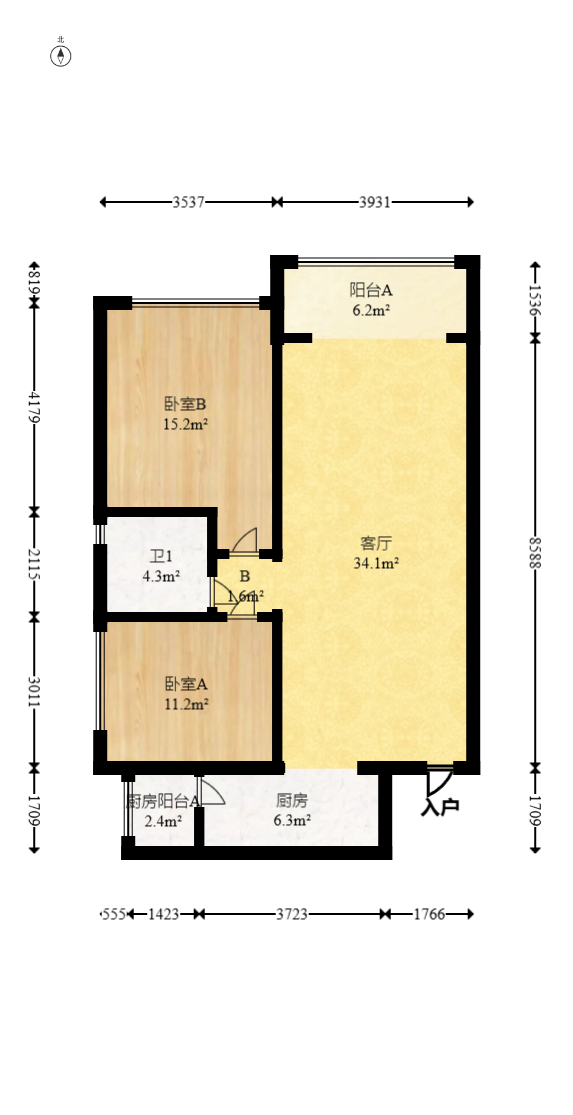 恒大绿洲  2室2厅1卫   100.00万室内图1
