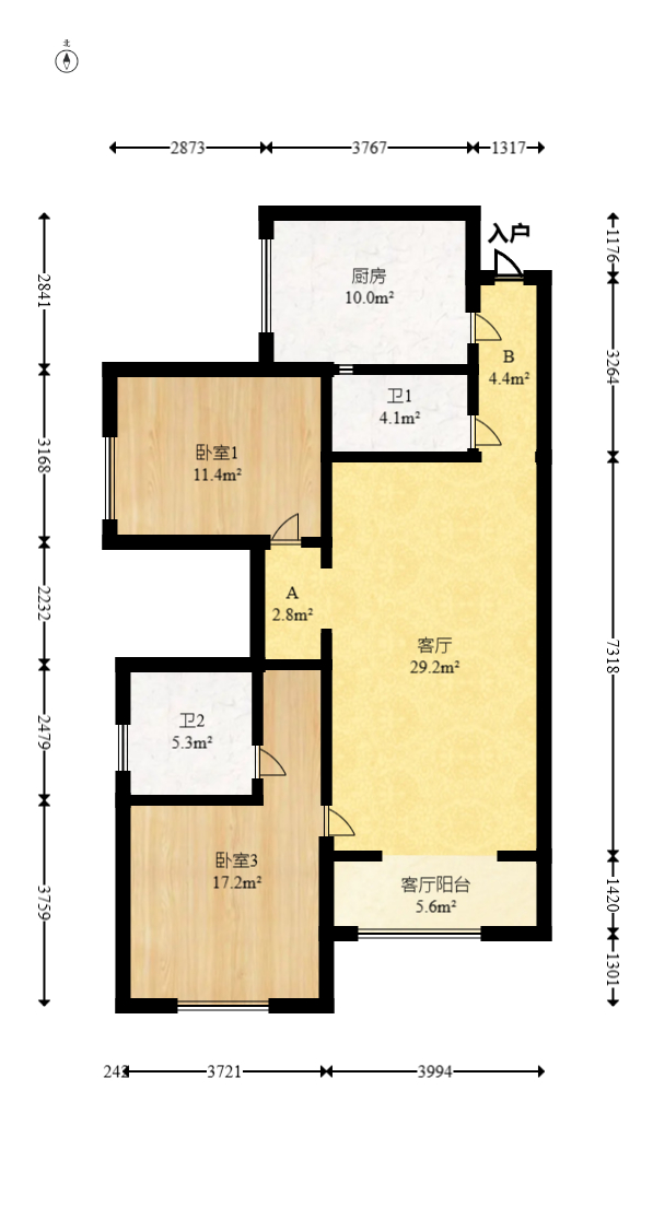 上海城小区  3室2厅1卫   99.00万室内图1