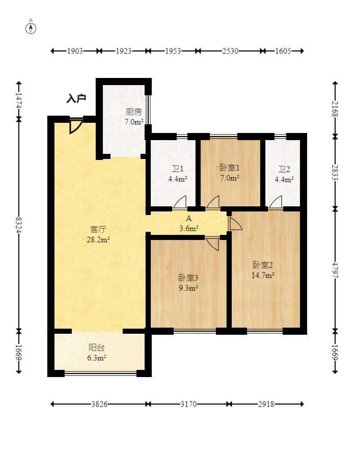 万科魅力之城观澜里  3室2厅2卫   122.00万室内图1