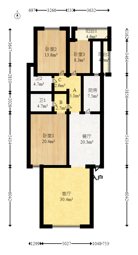 鑫天花园  3室2厅2卫   65.00万室内图1