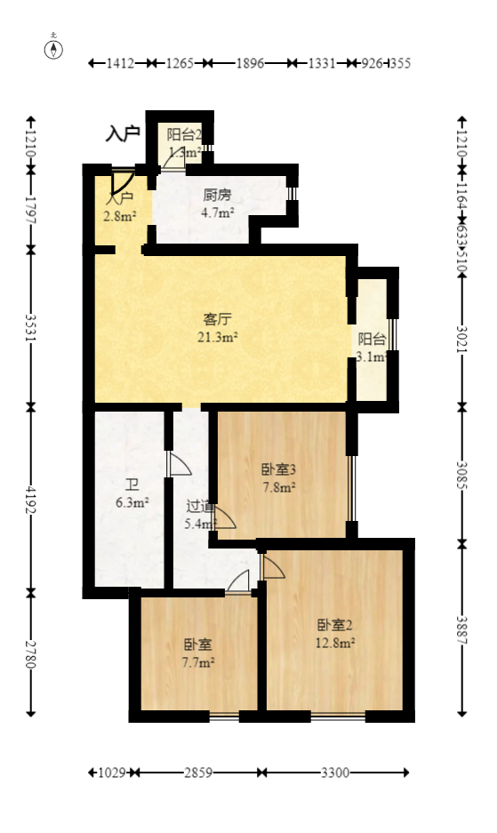 荣泰广场  3室2厅1卫    98.78万室内图1