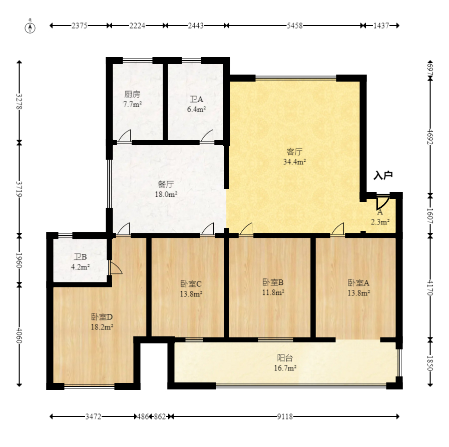 四方小区  4室2厅2卫   124.00万室内图1
