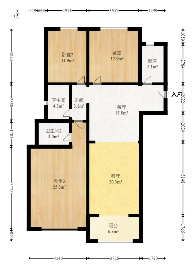 南益名士豪庭  3室2厅2卫   129.00万室内图1